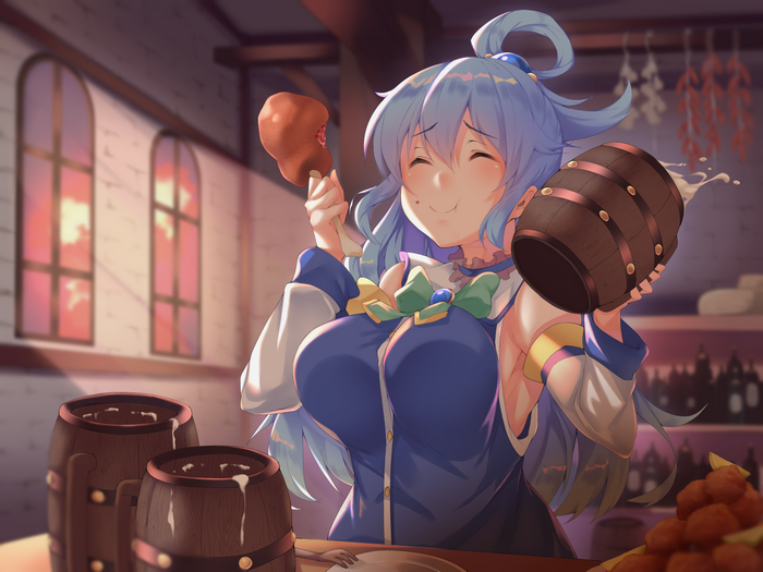 Aqua from Kono Subarashii Sekai ni Shukufuku wo! eating chicken and drinking from a barrel