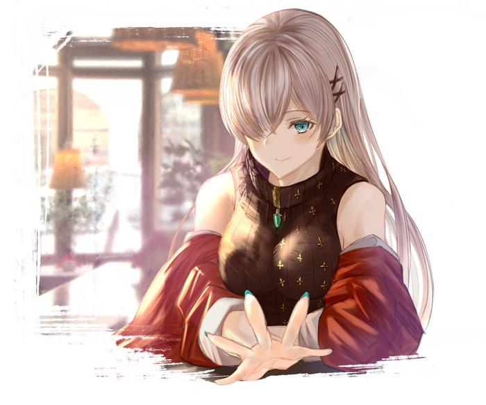 Anime girl with long hair in a cafe