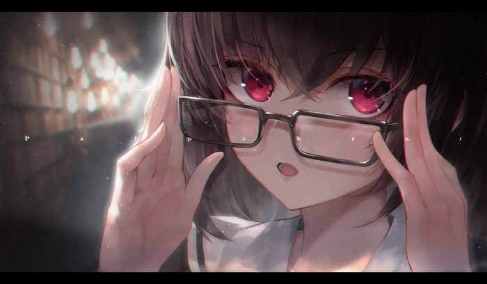 Anime girl with glasses and red eyes