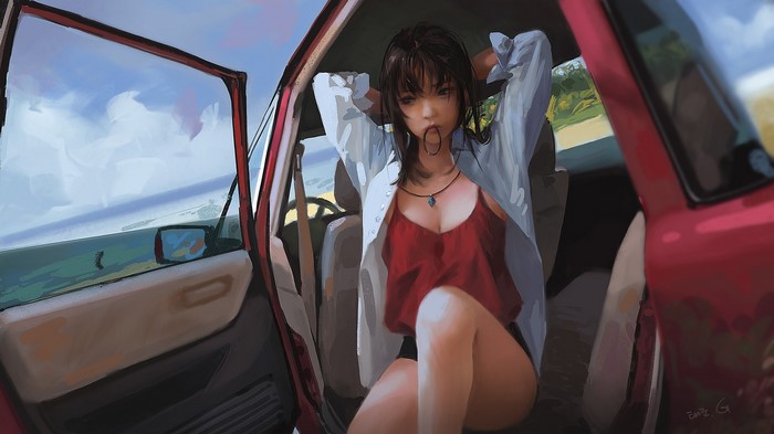 Anime girl in red top sitting in a car