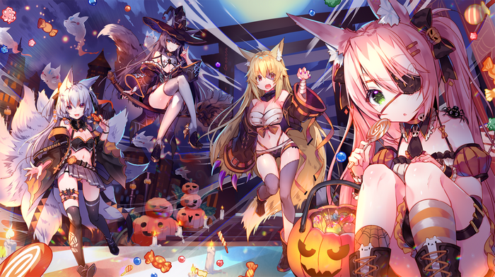 Four anime girls in Halloween costumes with animal ears