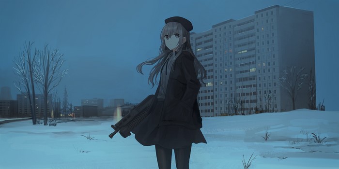 Anime girl with PP-19 Bizon in snowy cityscape