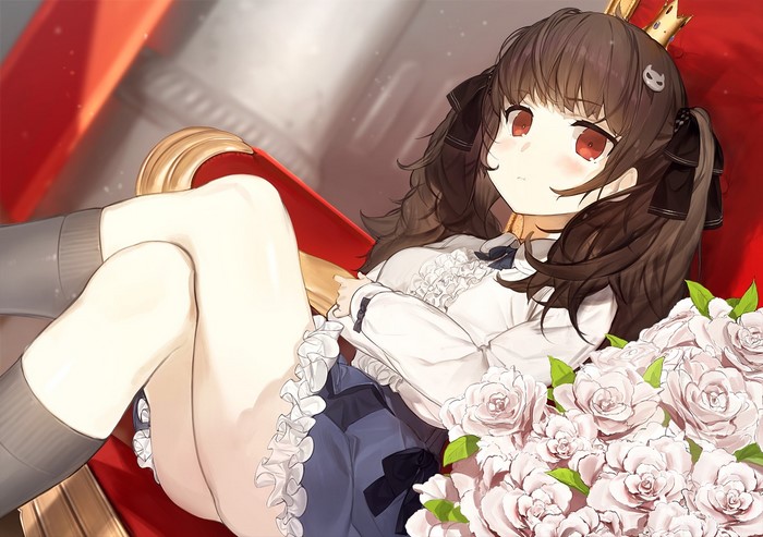 Anime girl with pigtails and red eyes on a throne
