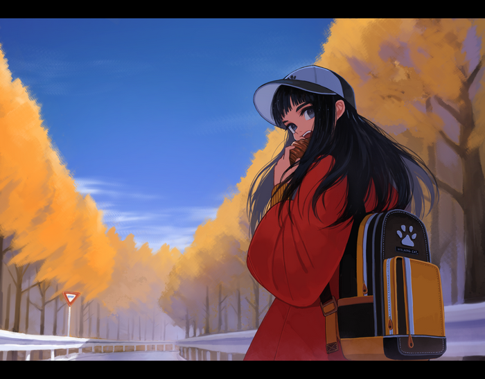 Anime girl with black hair wearing a red coat and backpack