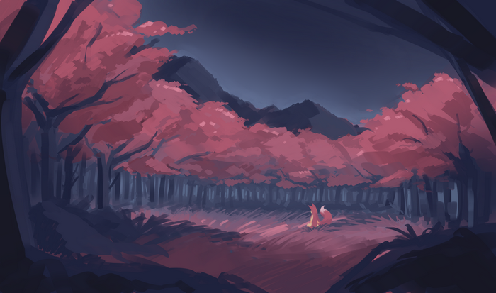 Fox in a pink forest at night