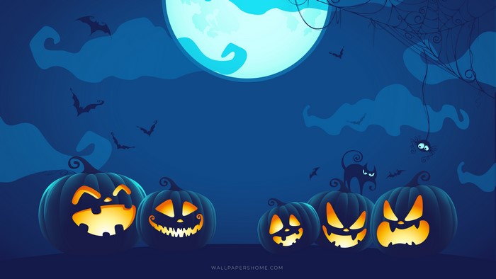 Halloween Pumpkins and Bats Under the Moon