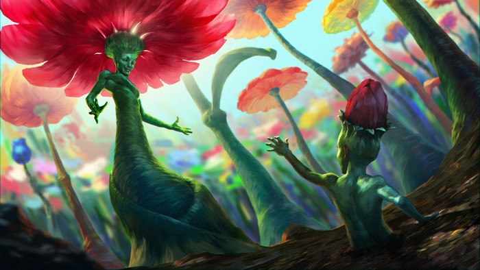 Fantasy flower creatures in a colorful environment