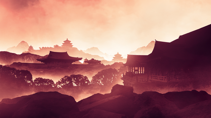 Digital artwork of Asian architecture in misty mountains at dusk