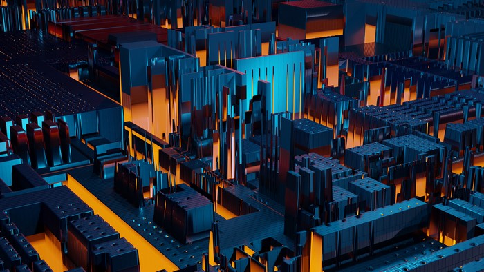 Abstract Digital Cityscape with Orange and Blue Lights
