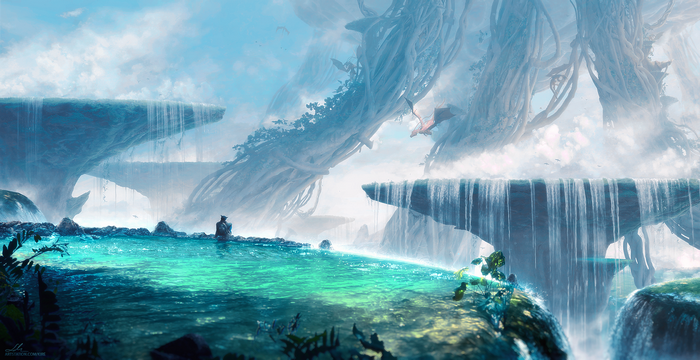 Fantasy landscape with dragon and waterfalls by Erik Shoemaker
