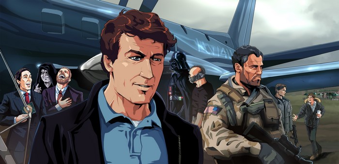 Darth Vader, Emperor Palpatine, Bane, and Arnold Schwarzenegger with a private jet
