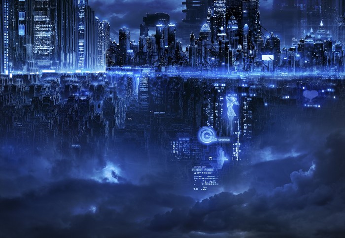 Cyberpunk city reflection at night with blue lights