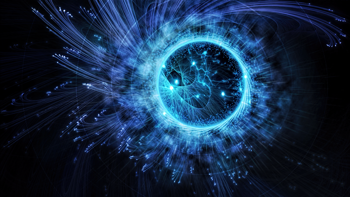 Abstract blue glowing sphere with light trails