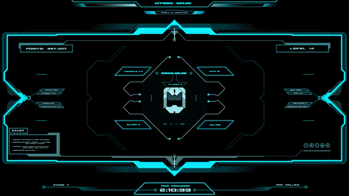 Sci-fi HUD with game stats and chat