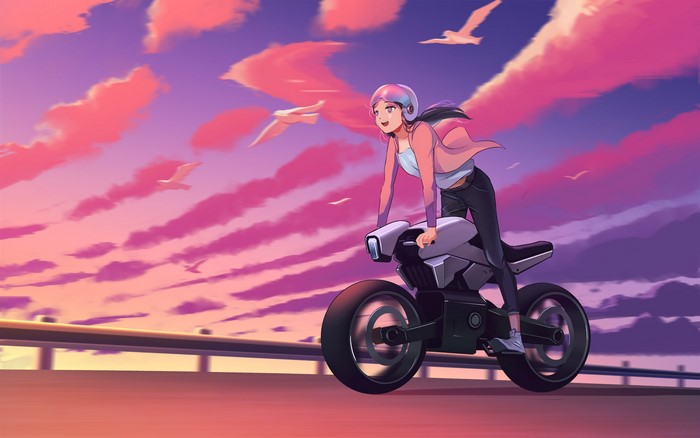 Anime girl riding a futuristic motorcycle at sunset