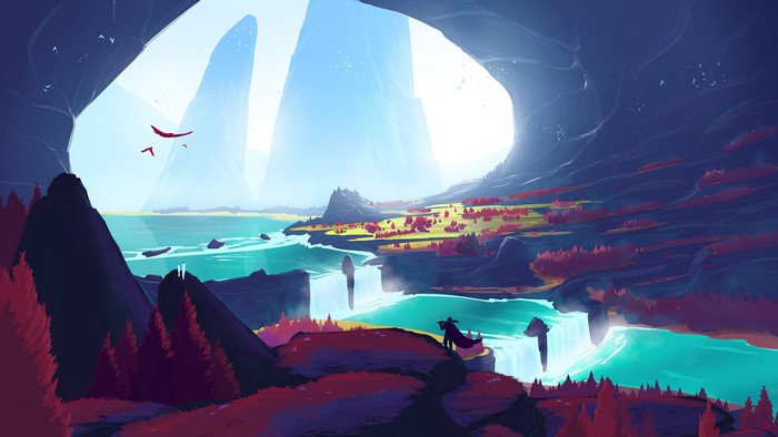 Fantasy landscape with waterfalls and mountains