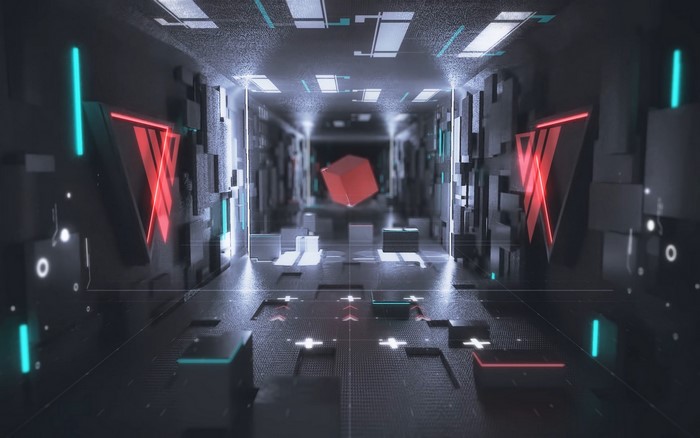 Abstract 3D render of a futuristic digital corridor with a floating cube