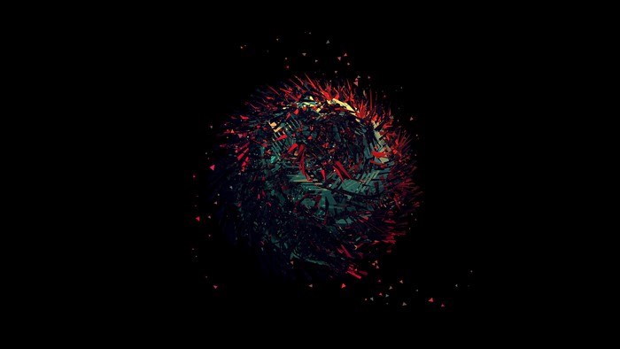 3D abstract sphere with red and teal facets on black background
