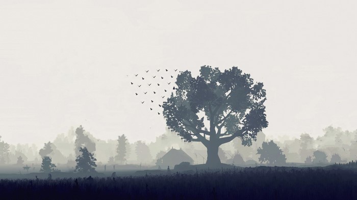 Birds flying over a large tree in a misty landscape