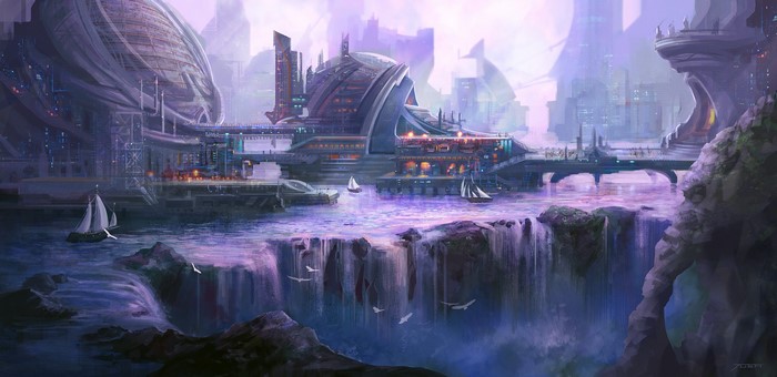 Futuristic city with waterfalls and sailboats