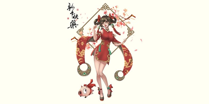 Anime girl in red dress with pig and cherry blossoms