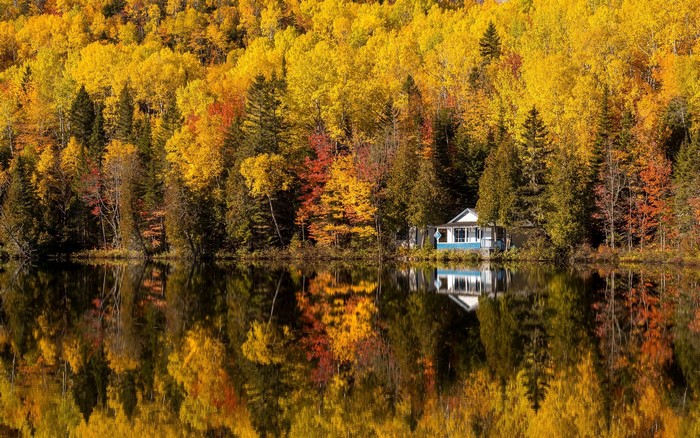 House by a lake with autumn trees reflection