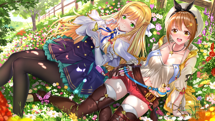 Two anime girls in a flower field, Atelier Ryza