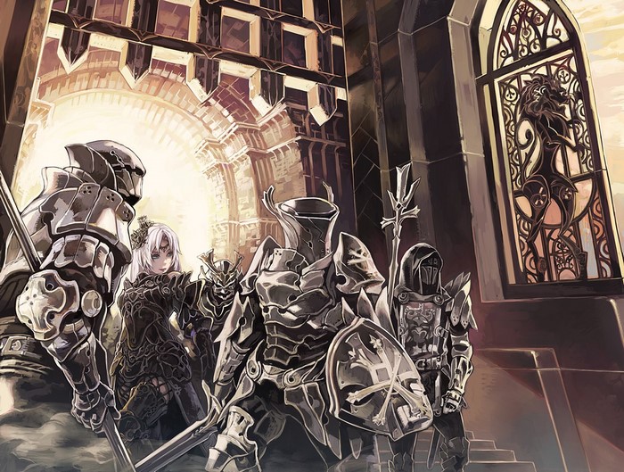 Group of armored warriors and a woman in a castle