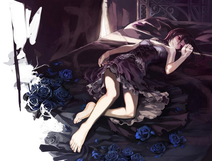 Anime girl lying in bed with blue roses