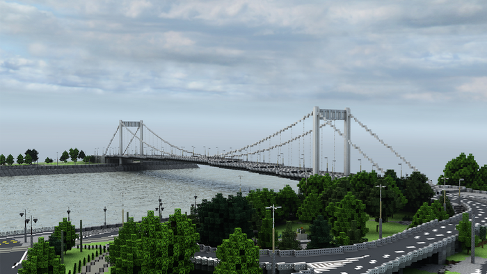 Elisabeth Bridge over a river in a Minecraft city