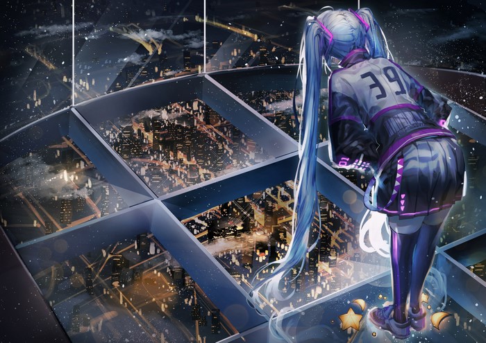 Hatsune Miku looking over a city at night