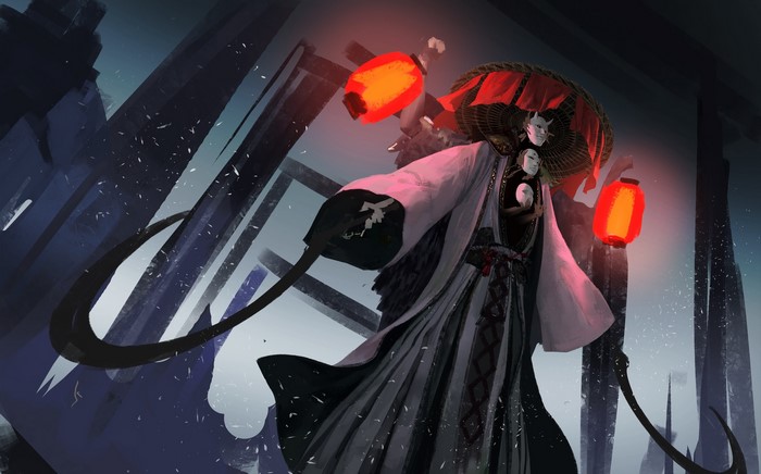 Samurai with masks and lanterns in a dark city