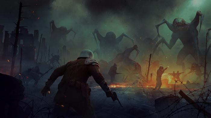 Soldiers fighting alien monsters in a war-torn city