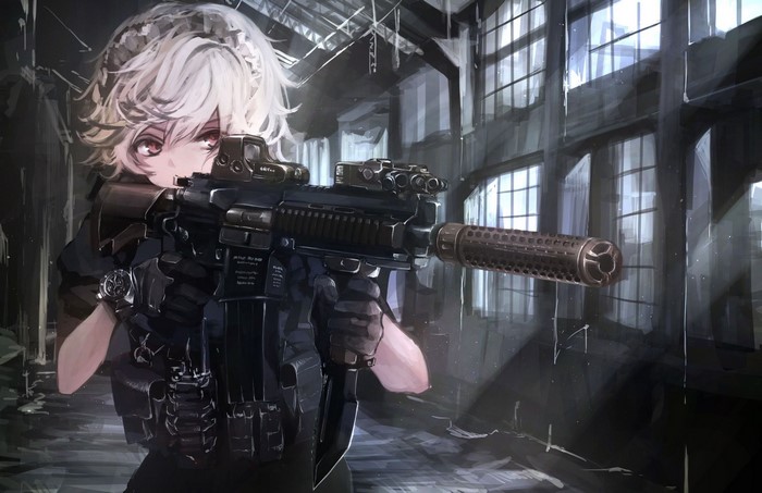 Anime girl with white hair holding a rifle