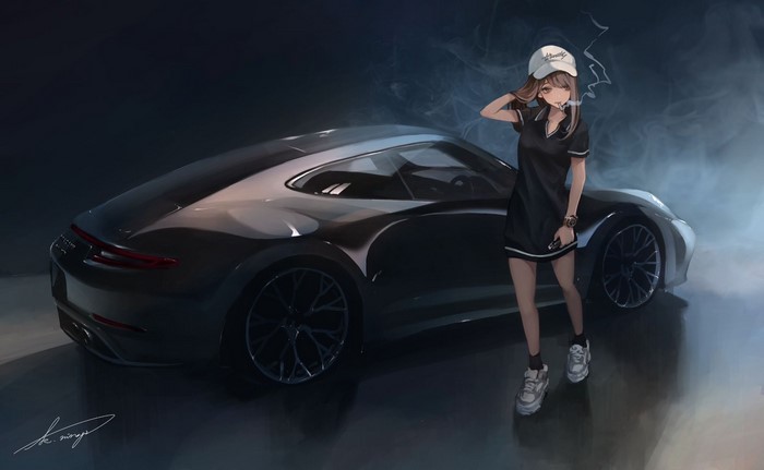 Anime girl in black dress smoking next to Porsche 911