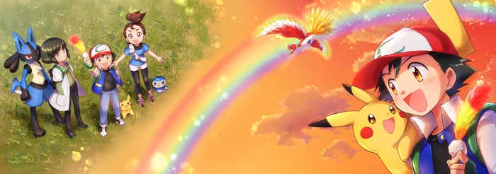 Ash Ketchum and friends with Pokémon under a rainbow