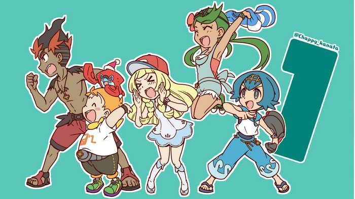 Pokemon characters Lillie, Lana, Mallow, Kiawe, and Sophocles