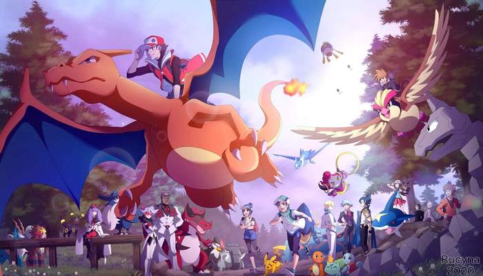 Charizard and Pokémon Trainers Gathering