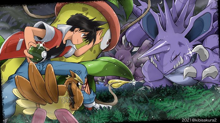 Red and Pokémon battle in a forest at night
