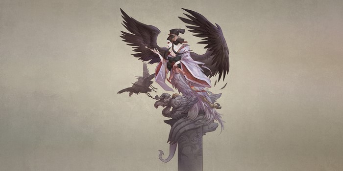 Fantasy girl with wings and crows on a pedestal