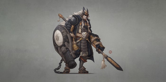 Samurai warrior with shield and spear