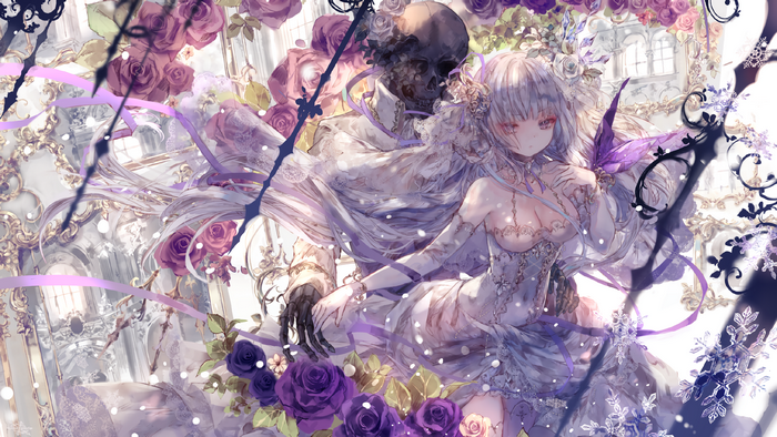 Anime girl with skeleton in ornate ballroom with roses