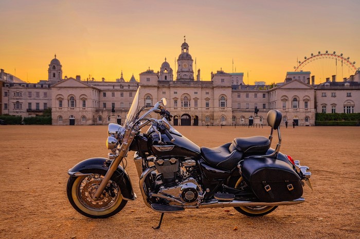 Triumph Thunderbird motorcycle in front of Horse Guards Parade, London