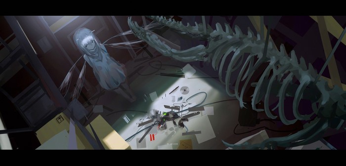 Anime girl and dinosaur skeleton in a room