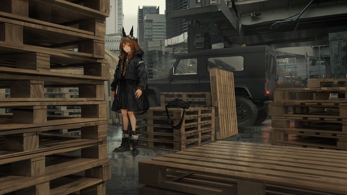 Anime girl with animal ears and black car in cityscape