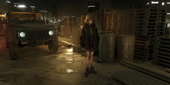 Anime girl standing by a Jeep at night