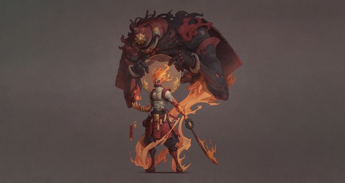 Fantasy warrior with fiery hair and a large armored companion