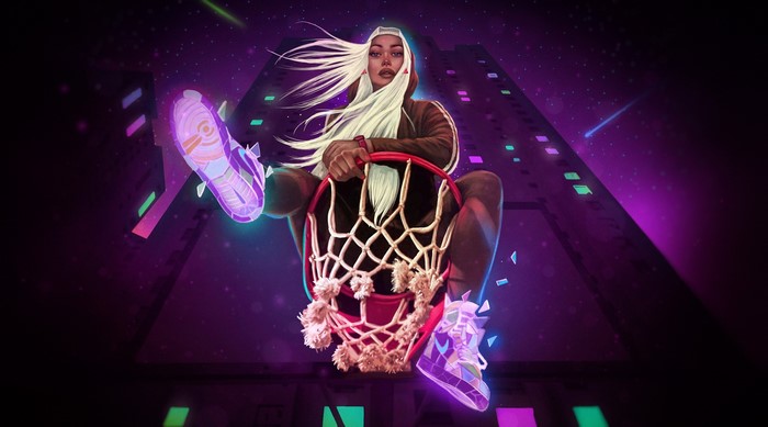 Woman in basketball hoop with glowing shoes