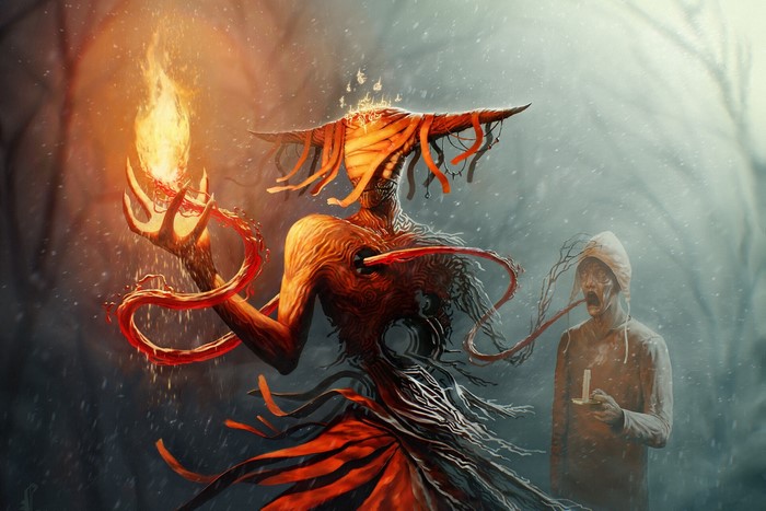 Creature holding fire with a man holding a candle