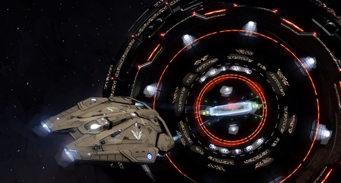 Elite: Dangerous spaceship near a space station